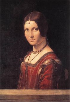 a painting of a woman in red and gold dress with her head tilted to the side