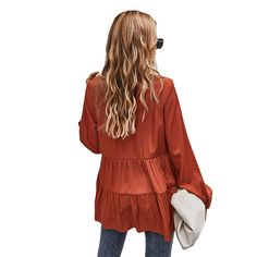 Rust Red Button Pleated Long Sleeve Blouse V-neck Buttoned Blouse For Fall, Fall Blouse With Buttons For Day Out, Fall Button-up Blouse, Fall Solid Color Button-up Blouse, Red Button Closure Blouse For Fall, Red Blouse With Button Closure For Fall, Fall Red Blouse With Button Closure, Red Blouse For Fall Day Out, Clothing Packaging