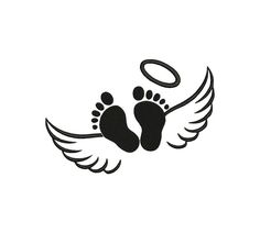 two feet with wings and an angel's halo in the center on a white background