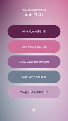 Analogous Color Palette Wine Plum #5F214D · Deep Mauve #D07099 · Dusky Lavender #946191 · Slate Gray #708090 · Vintage Rose #C4A1C2 Analogous Color Palette, Color Combinations For Clothes, Slate Gray, Vintage Rose, Vintage Roses