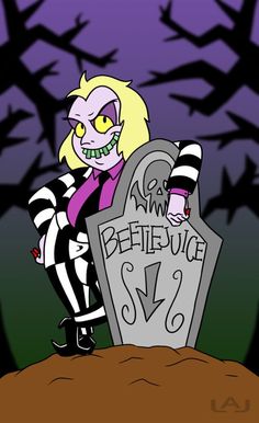 a cartoon character standing next to a grave with bats in the sky behind her,