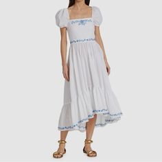 White W Blue Embroidered Details, Square Neckline, Resort Dress. Lovely, Versatile, Sophisticated, Worn Once! Resort Dress, Caroline Constas, Casual White Dress, Resort Dresses, Cotton Dress, Ruffle Hem, Victoria Beckham, Cotton Dresses, Stretch Cotton