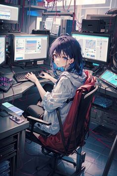 a woman sitting at a desk in front of multiple computer monitors