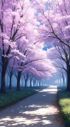 a painting of trees with purple flowers on them and a road in the foreground