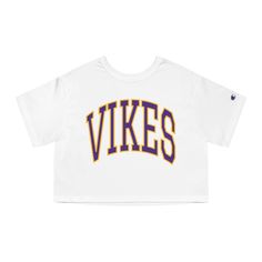 This is the classic 100% cotton Champion cropped t-shirt. With the signature "C" Champion logo patch on the left cuff and a modern, cropped fit - this is for the Vikings fans who want to show their love for the Vikes without sacrificing style. --"VIKINGS" graphic -- 100% cotton jersey -- Medium fabric (7.0 oz /yd² (240 g/m -- Modern cropped fit -- Classic "C" logo on the left sleeve SHIPPING: Apparel is sent to processing SAME-DAY and is printed in 1-2 days;  standard U.S. shipping takes 2-5 days. Most orders are delivered to your doorstep in about a week. PLEASE NOTE: I do not accept returns/exchanges at this time, so please double-check your order prior to placing and feel free to message me (Chelsey) for any questions you might have about my apparel. I will do everything I can to ensure Cotton Cropped T-shirt With Logo For Streetwear, Crew Neck Cropped Cotton T-shirt With Embroidered Logo, Cotton Cropped T-shirt With Embroidered Logo, Crew Neck, Cotton Cropped T-shirt With Embroidered Logo, Casual Cropped Cotton T-shirt With Embroidered Logo, Casual Cropped T-shirt With Embroidered Logo, Sporty Logo Tops For College, Cropped Logo Print Shirt For Streetwear, Logo Print Cropped Shirt For Streetwear