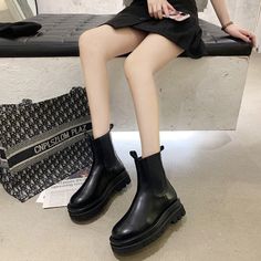 All-match Thick-heeled Thick-soled Mid-tube Boots Boots - Dazpy Black Short Cuts, Men Shoes Formal, Doc Marten Oxford, Short Cut, Crop Top Shirts, Mens Shoes Boots, Thick Heels, Short Cuts, Men's Backpack