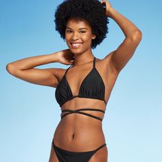 Women's Triangle Wrap Bikini Top - Wild Fable™ Black XXS Beachwear Swimwear With Wrap-around Straps, Strappy Nylon Swimwear With Tie Back, Nylon Strappy Swimwear With Tie Back, Black Strappy Swimwear With Tie Back, Sunbathing Swimwear With Crisscross Straps And Tie-side Bottom, Strappy Tie-back Swimwear, Crisscross Straps Swimwear With Tie-side Bottom For Sunbathing, Solid Color Strappy Swimwear With Tie Back, Swimwear With Crisscross Straps And Tie-side Bottom For Sunbathing