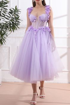 Corset 3D Floral Lavender Dress with Removable Off Shoulders Spring Strapless Tulle Corset Dress, Strapless Tulle Corset Dress For Spring, Spring Corset Dress With Sheer Bodice And Sweetheart Neckline, Purple Spring Dresses With Corset Back, Spring Purple Dress With Corset Back, Lavender Tulle Dress With Sweetheart Neckline, Fitted Purple Corset Dress For Spring, Spring Corset Dress With Sheer Bodice, Spring Purple Fitted Corset Dress