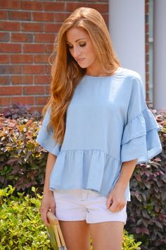 Ruffled Chambray Top :: NEW ARRIVALS :: The Blue Door Boutique Spring Light Wash Denim Top For Everyday, Spring Everyday Light Wash Denim Top, Relaxed Fit Light Wash Denim Top For Day Out, Light Wash Top For Spring Day Out, Light Wash Tops For Spring Day Out, Light Wash Summer Top For Brunch, Light Wash Tops For Summer Brunch, Chic Spring Denim Top For Everyday Wear, Chic Everyday Denim Top For Spring