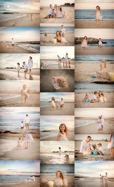 a collage of people and children playing on the beach