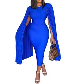 Premium Quality Dress with cape Blue Cape Dress For Party, Chic Blue Dresses With Cape Sleeves, Chic Cape Dress For Fall, Blue Summer Dresses With Cape Sleeves, Blue Spring Dress With Cape Sleeves, Fitted Cape Dress For Fall, Long Sleeve Cape For Spring Evening, Long Sleeve Spring Cape For Evening, Spring Long Sleeve Cape For Evening