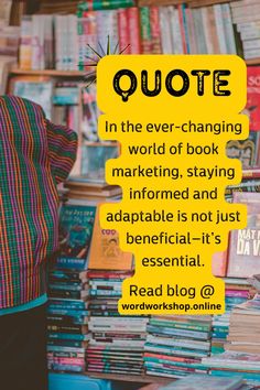 a person standing in front of a bookshelf with the words quote on it