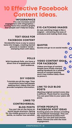 the 10 effective facebook content ideas infographic for your business or company - social media marketing tips