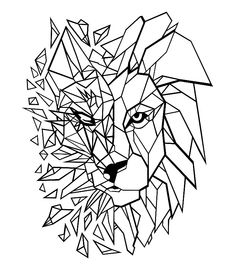 a black and white drawing of a lion's head with geometric shapes on it