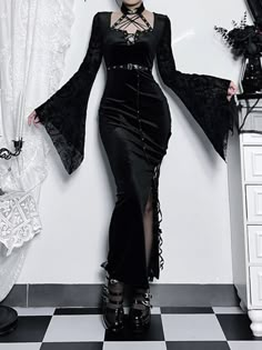 Belt banding, Lace sleeves, High slit, Material: Polyester Color: Black Unit: CM Bust Length Waist Hips Shoulder Sleeve S 72-88 130.5 59-70 78-90 35 60 M 76-92 132.5 63-74 82-94 36 61 L 80-96 134.5 67-78 86-98 37 62 * 1cm ≈ 0.3937 inchNote: There may be 2-3cm error due to manual measurement. If you need size help, plea Masquerade Party Dresses, Unique Outfit, Elegant Party Dresses, High Waist Dress, Suede Dress, Gothic Dress, Mode Inspo, Lace Fashion