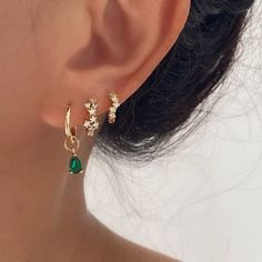 Gold And Green Piercings, Emerald Green And Gold Jewelry, Gold Green Earrings, Emerald And Gold Jewelry, Gold And Green Earrings, Green Piercing, Green And Gold Jewelry, Green And Gold Earrings, Hoops With Charms