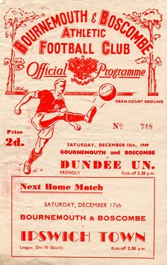 an old poster advertising a youth football match in ipswich and boscombee town