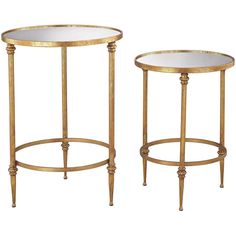 two gold metal tables with mirrored tops