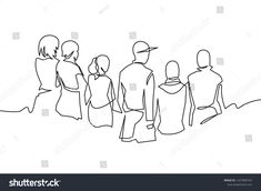 a line drawing of people standing in a row looking at something on the wall or floor