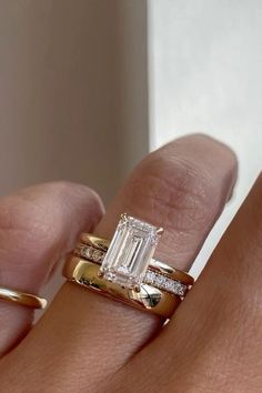 Wedding Band To Go With Emerald Cut Ring, 1980s Wedding Rings, Wedding Ring Stack Radiant, Wedding Bands For Emerald Cut Rings Gold, Big Diamond Wedding Band, Emerald Cut Engagement Ring 3ct, Wedding Band With Emerald Cut Engagement, Emerald Diamond Ring With Wedding Band, Emerald Engagement Ring And Wedding Band Set