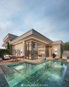 an artist's rendering of a house with a pool in the foreground and patio furniture on the far side