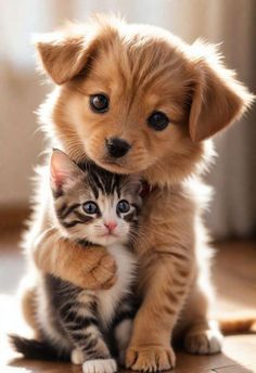 a puppy and kitten sitting together on the floor