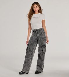 These on-trend cargo acid wash jeans feature a high-rise waist, cool zippered pockets at the front and cargo pockets on each side, and a straight-leg silhouette offering a laidback relaxed fit. Style with a graphic tee and booties!Fit & FeaturesAcid wash denim fabricHigh-rise waist, belt loopsFront button closureZippered front pockets, cargo side pocketsStraight-leg silhouette, relaxed fitRuns true to size Orange Homecoming Dresses, Purple Homecoming Dress, Dress Satin Bridesmaid, Backless Dress Short, Green Homecoming Dresses, Black Tie Wedding Guests, White Homecoming Dresses, Lace Dress Styles, Homecoming Outfits