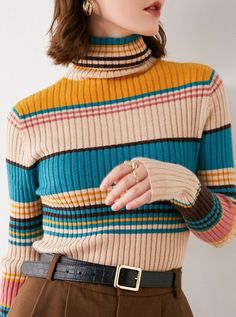 Beige Ribbed Turtleneck For Winter, Winter Multicolor Sweater With Ribbed Cuffs, Multicolor Winter Sweater With Ribbed Cuffs, Retro Striped Sweater For Winter, Winter Striped Long Sleeve Sweater, Retro Striped Winter Sweater, Retro Knitted Sweater For Fall, Retro Long Sleeve Ribbed Sweater, Beige Winter Sweater With Ribbed Cuffs