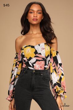 Give your 'fit some flair with the Lulus Bring the Blossom Black Floral Print Off-the-Shoulder Bodysuit! Marigold, pink, and grey floral print sweeps across lightweight woven fabric as it shapes an off-the-shoulder neckline (with hidden no-slip strips) and long sleeves with ruffle, elasticized cuffs. A seamed bodice carries into stretch knit thong bottoms with double snap closures. Fit: This garment fits true to size. Length: Size medium measures 22" from top to bottom. Bust: Great for any cup s Chic Strapless Top With Floral Print, Chic Strapless Floral Print Top, Fitted Off-shoulder Floral Print Top, Fitted One Shoulder Floral Print Tops, Fitted One-shoulder Floral Print Tops, Off-shoulder Floral Print Party Tops, Black Floral Print, Grey Floral, Black Floral