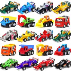 a group of toy cars sitting next to each other