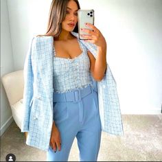 Bloggers Fav Beautiful Blue Highwaisted Pant With Belted Detail!!Sold Out Blue Trousers Outfit, Skort Dress, Plaid Dress Pants, Gingham Pants, Pink Trousers, Ankle Dress Pants, Cute Pants, Woven Jacket, Belted Pants