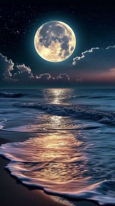 the full moon is shining brightly over the water at night on the beach with waves coming in