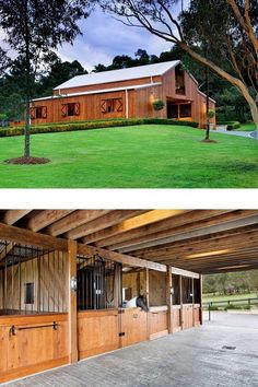 two pictures side by side showing the inside and outside of a horse barn