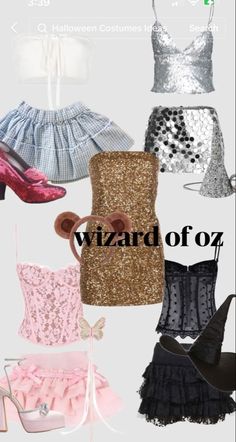 several different types of clothes and shoes on display with the words wizard of oz written below