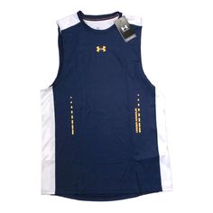 Sleeveless Fitted Size Medium Blue Workout Vest For Summer, Blue Summer Workout Vest, Blue Sleeveless Sports Tank Top, Yellow Sleeveless Sports Tank Top, Yellow Sleeveless Tank Top For Sports, Sporty Yellow Sleeveless Tank Top, Yellow Sleeveless Sporty Tank Top, Sporty Blue Vest For Summer, Navy Sleeveless Cotton Tops