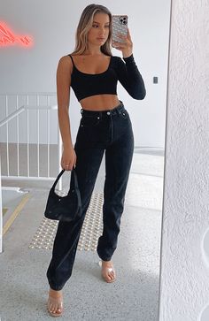 Who's That Girl Straight Leg Denim Jeans Vintage Black | White Fox Boutique USA Straight Leg Jeans Outfits, Jeans Outfit Summer, Jeans With Heels, Black Jeans Outfit, Silver Button, Straight Leg Denim, Going Out Outfits, Relaxed Fit Jeans, Red Mini Dress