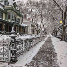 a snow covered street lined with houses and trees