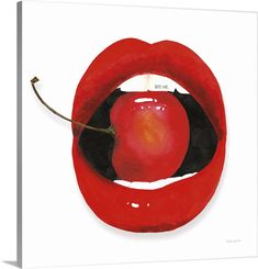 a painting of a red lip with a piece of fruit in it's mouth