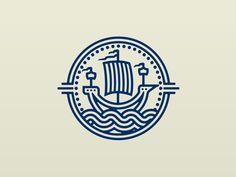 a blue and white logo with a ship in the middle