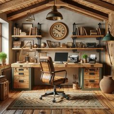 a home office with wooden floors and lots of books on the shelves, along with a large clock mounted to the wall