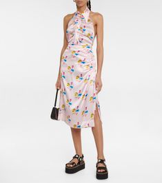 Ganni - Floral silk-blend halterneck top | Mytheresa Spring Party Halter Dress With Gathered Neckline, Pink Silk Halter Neck Dress, Spring Satin Halter Dress, Chic Satin Halter Top, Chic Ruched Satin Halter Dress, Chic Satin Halter Dress For Summer, Summer Party Halter Dress With Gathered Neckline, Chic Halter Top With Gathered Neckline, Pink Satin Halter Dress For Summer