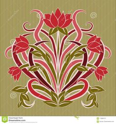 an abstract floral design with red flowers and green leaves on a beige stripeed background