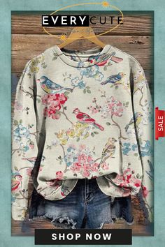 Field Bird & Floral Print Cozy Sweatshirt Casual Floral Print Tops For Winter, Casual Printed Tops For Winter, Cozy Graphic Print Tops For Spring, Winter Tops With Relaxed Fit And Printed Details, Relaxed Fit Printed Winter Tops, Winter Printed Tops With Relaxed Fit, Printed Relaxed Fit Sweatshirt For Fall, Casual Printed Sweatshirt For Fall, Casual Long Sleeve Printed Sweater