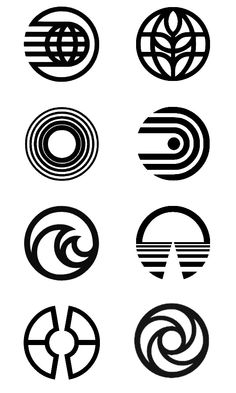 six different logos designed in black and white, each with an image of the earth