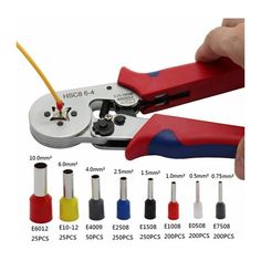 a pair of pliers being used to cut wire with different colors and sizes on white background