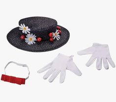 Complete your Mary Poppins, British Nanny, Gibson Girl, Victorian Lady, Suffragette or other costume with this Mary Poppins costume accessory set, featuring her signature distinctive hat with faux daisies and berries, a pair of white gloves and a red bow tie with elastic band for a better fit on just about everyone. Perfect for Halloween, cosplay, theme parties, historical reenactments, rallies, theatrical productions and so much more! Other Mary Poppins or Victorian costumes and accessories (wi Fitted Novelty Costume Hat, Novelty Fitted Mini Hat For Costume, Mary Poppins Disfraz, Mary Poppins Kostüm, Mary Poppins Hat, Mary Poppins Costume, Victorian Costume, Historical Reenactment, Red Bow Tie