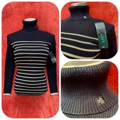 Gorgeous! Wwt Lauren Ralph Lauren Cotton Blend Ribbed Logo Turtleneck Black/Gold Metallic Sweater S. Done In Rib Knit, This Stripe Sweater Features T-Neck Accented With Tonal And Gold Embroidered Lrl, Straight Hem And Long Sleeves. You An Dress It Up, Or Down Brand: Lauren Ralph Lauren Material: 90% Cotton, 6% Nylon, 4% Metallic Cleaning: Machine Wash Ralph Lauren Black Sweater, Luxury Long Sleeve Ralph Lauren Sweater, Luxury Ribbed Neckline Turtleneck Sweater, Ralph Lauren Long Sleeve Knit Sweater, Ralph Lauren Striped Long Sleeve, Blue Cable Knit Sweater, Brown Knit Sweater, Cable Knit Turtleneck Sweater, Oversized Turtleneck Sweater