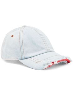 white cotton denim contrast stitching distressed effect fabric-covered button at the crown six-panel construction curved peak curved wide brim adjustable strap to the rear Denim Cap, Aviator Watch, Balenciaga Track, Office Bag, Balenciaga Triple S, Fabric Covered Button, Custom Watch, Derby Shoes, Athletic Sneakers