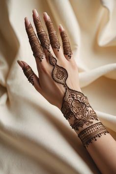 A stunning full-hand mehndi design featuring intricate patterns from the wrist to the fingertips. The delicate line work on the fingers complements the larger, bolder motifs on the hand, creating a balanced and harmonious look. Perfect for brides or festive occasions where elegance meets tradition. Mehendi Designs For Hands Bridesmaid, Mehndi Designs Bridesmaid, Amazing Mehndi Designs, Bridesmaids Mehendi Design, Arabic Henna Designs Full Hand, Elegant Mehandi Designs, Mehendi Designs For Hands Aesthetic, Back Hands Mehendi, Mendhi Designs Latest