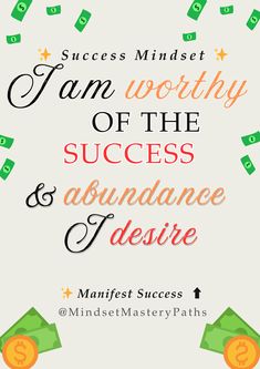 the words success and abundance are written in different colors, with money falling from them